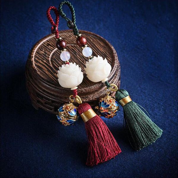 

ancientry openable sachet ball bodhi lotus flower tassel bag car keychain keyring spiritualist key ring for men women gift keychains, Silver