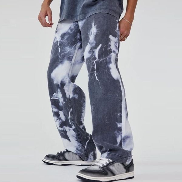 

men's jeans men casual loose straight denim pants tie dye print summer sports full length streetwear, Blue