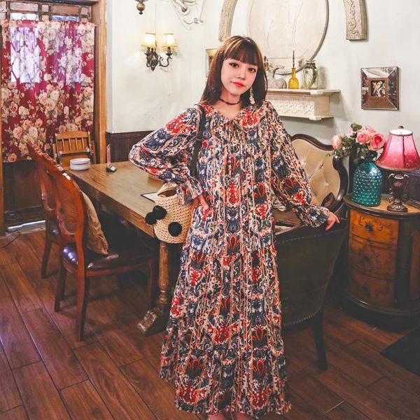 

casual dresses video scene shooting in the fall of national wind restoring ancient ways totem printed lantern sleeve loose dress for a, Black;gray