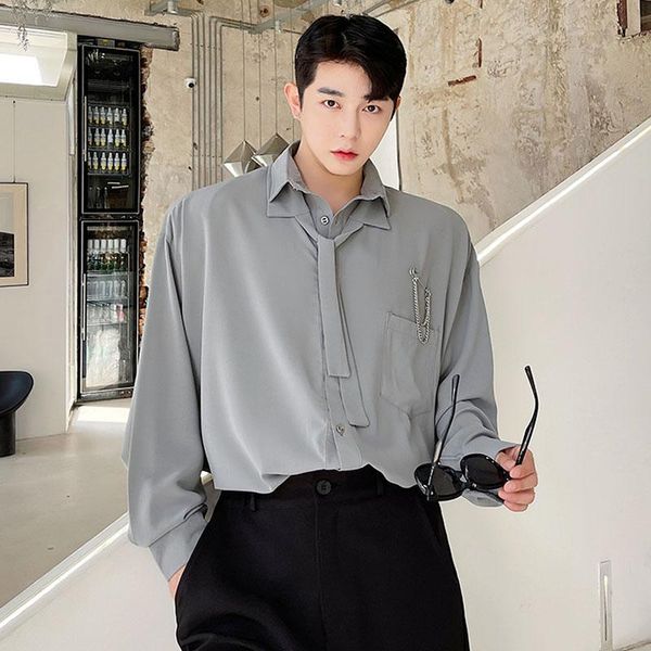 

men's casual shirts men long sleeve with tie loose shirt oversize korean youth fashion dress man stage party clothing, White;black