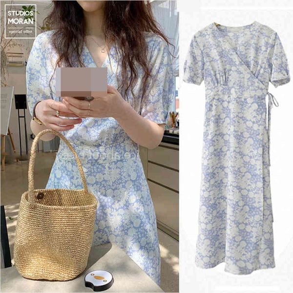 2021 Summer New Sweet College Chic Blue Floral Dress V-Collo V-lunghezza Dresses Sexy Party Night Club Dress 2020 Sex X0521