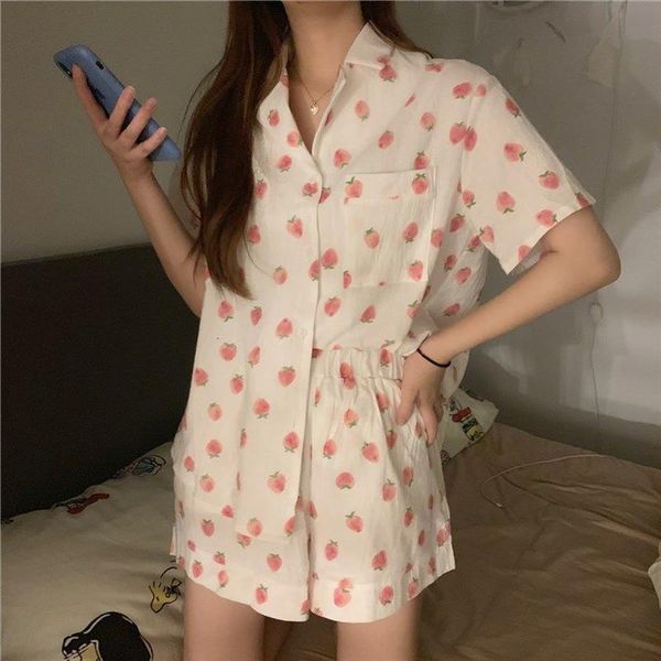 

summer silk pajamas sets girls women sleepwear korean sweet print pijamas home suit japanese shorts female, Black;red