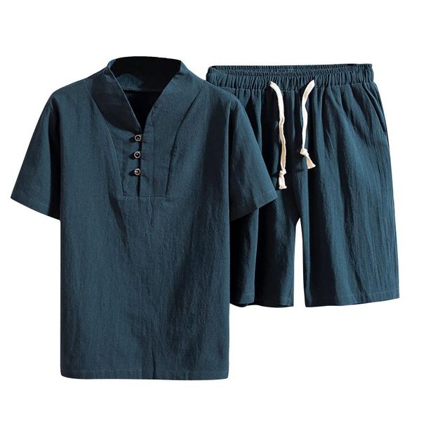 

men's tracksuits set clothing large size tracksuit button v neck summer suit linen t-shirt fashion male chinese style two piece #tg, Gray