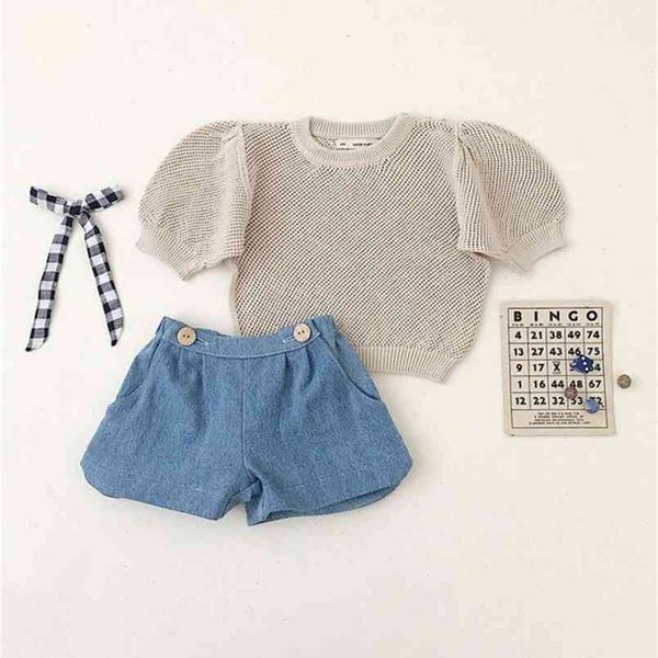 

soorploom summer kids girls knitted t shirt beautiful vintage style toddler puff sleeve thin knit tshirts children 210619, Blue