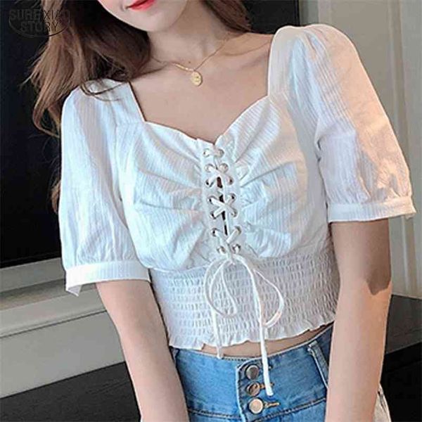 

summer short sleeve blouse women korean style chiffon all-match vintage women's clothes blusas 10032 210506, White