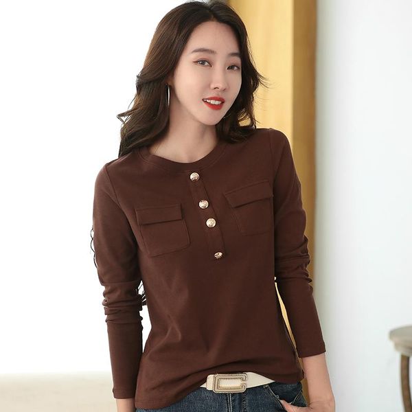 

women's t-shirt tuangbiang 2021 autumn fashion beautiful button o-neck cotton t-shirts two pockets coffee tshirts korea winter modal of, White