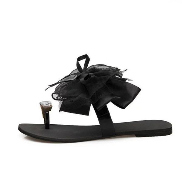 

women's shoes fashion bow adornment toe flat slippers soft soles comfortable non-slip wear rhinestone large, Black