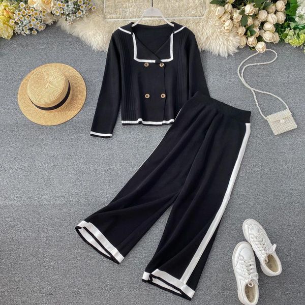 

[ewq] 2021 spring female color matching v-neck double-breasted knit cardigan high waist wide-leg pants two-piece two piece dress, White