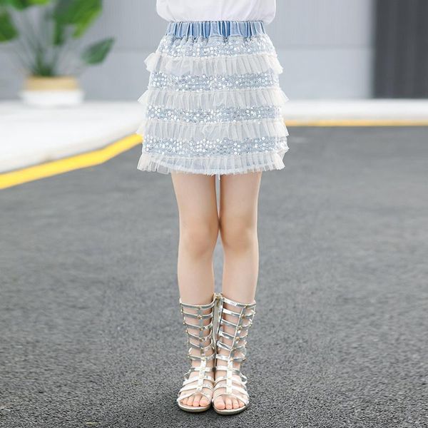 

skirts summer girls denim skirt baby layered kids fashion children bottoms embellished sequin mesh striped 5 to 14 yrs