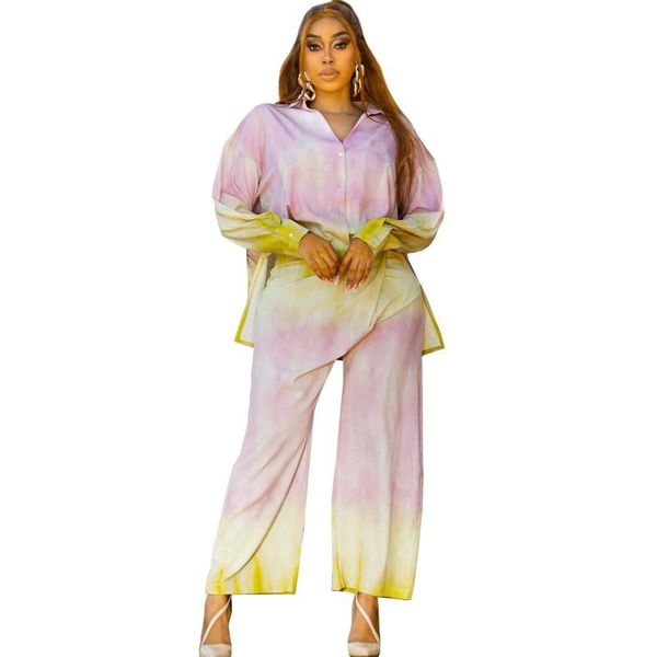 

women's two piece pants ladies trouser suit long-sleeved shirt casual wide-leg two-piece set autumn 2021 fashion loose printed button t, White