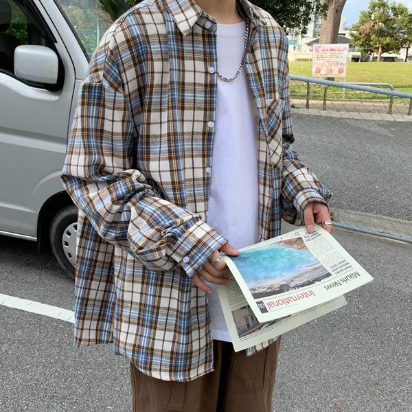 

men's casual shirts mens harajuku plaid vintage 2021 man japanese streetwear pockets long sleeve male button up shirt, White;black