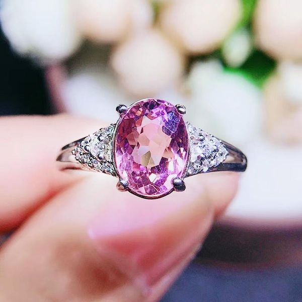 

cluster rings colife jewelry natural pink tourmaline ring for office woman 6*8mm silver 925, Golden;silver