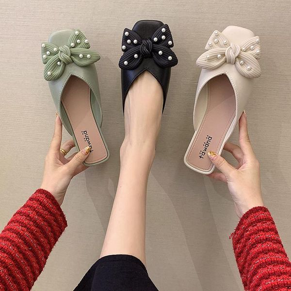 

cover toe flat shoes female slippers casual mules for women 2021 low slides square heel pantofle butterfly-knot luxury soft bloc, Black