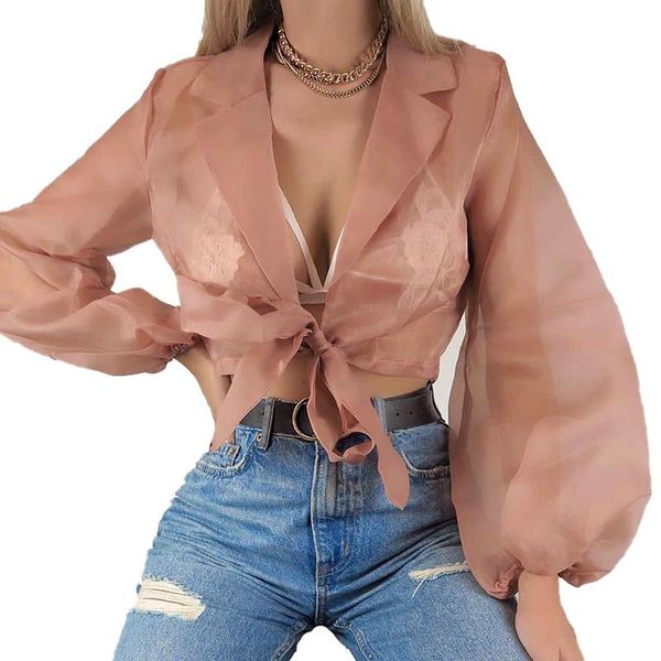 

spring women elegant party loose button shirt turn-down collar female solid knot front long sleeve see through blouse women's blouses, White
