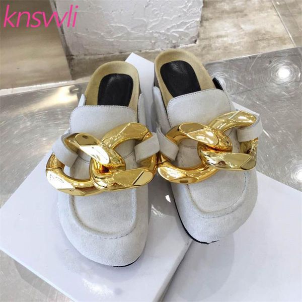 

designer slippers women gold chain decorate mules woman round toe suede leather autumn slides casual flat brand shoes, Black