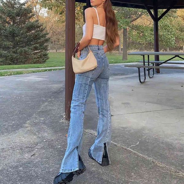 

women's jeans washed blue jeans denim pants women back split floor length female bottom g640