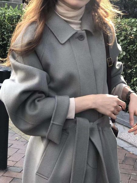 

women's wool & blends korean barney's coat single breasted long loose, Black