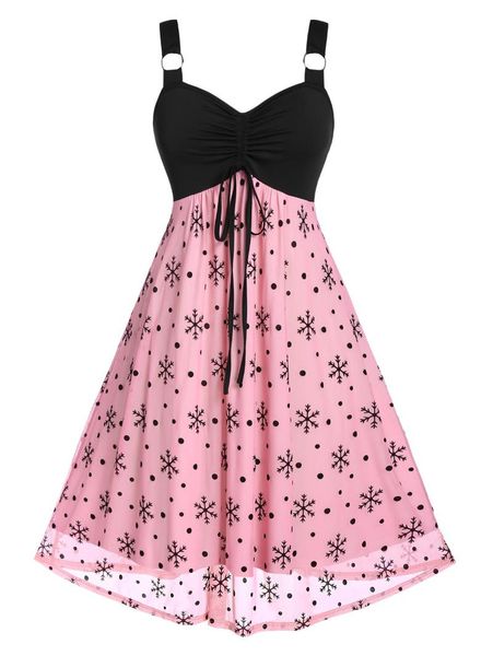 

women vintage christmas dress color party plus size snowflake cinched tie ring dresses 5xl casual, Black;gray