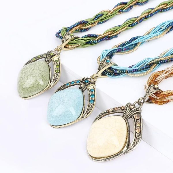 

pendant necklaces sweet handmade bohemia style retro dream rhombus gem necklace twist rope chain multilayer beads crystal, Silver