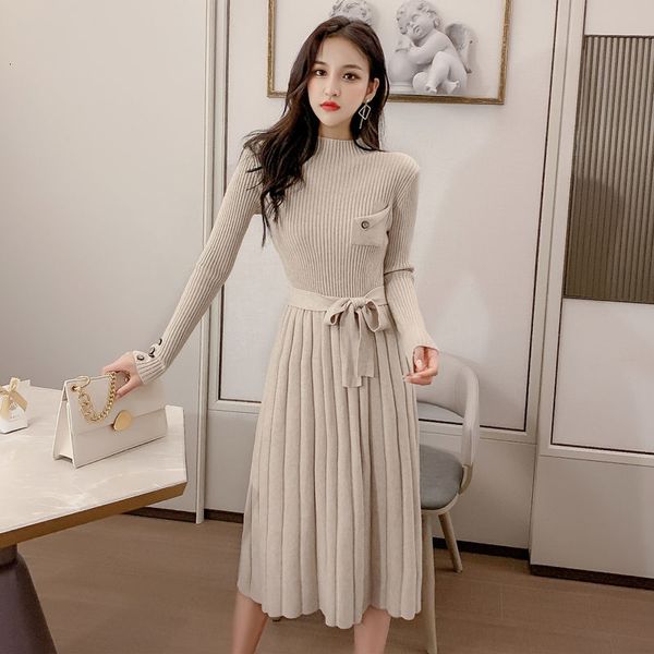 

long knit dress womanly plied fall and winter self-cultivation temperament ladies lace up to a line dressed in midi k1241 nightgown 4ukv, Black;gray