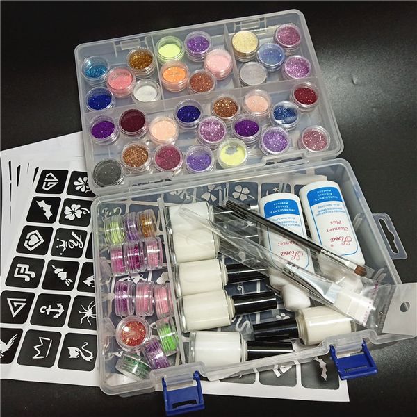 

45 color powder shimmer glitter 6 glues 2 brushes 5 stencils 2 cleansing water for temporary tattoo body kids face diy nail arts