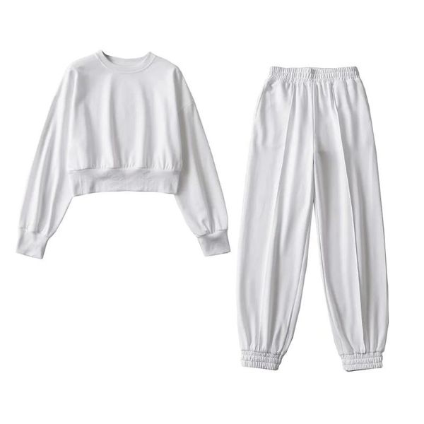 

women's two piece pants designer clothes women fashion o-neck loose solid color pullover hoodie and elastic waist sweatpants casual set, White