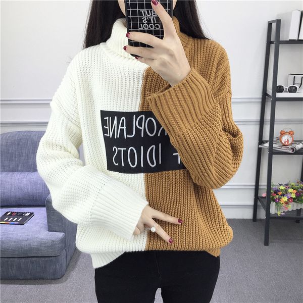 

women's sweaters vintage patchwork oversized sweater autumn winter loose knitted turtleneck pull femme hiver women and pullovers 3w0l, White;black