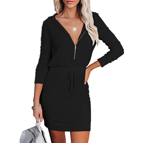 

casual dresses autumn winter long sleeve party dress women fashion zipper sleeved solid hooded elegant lace-up slim, Black;gray