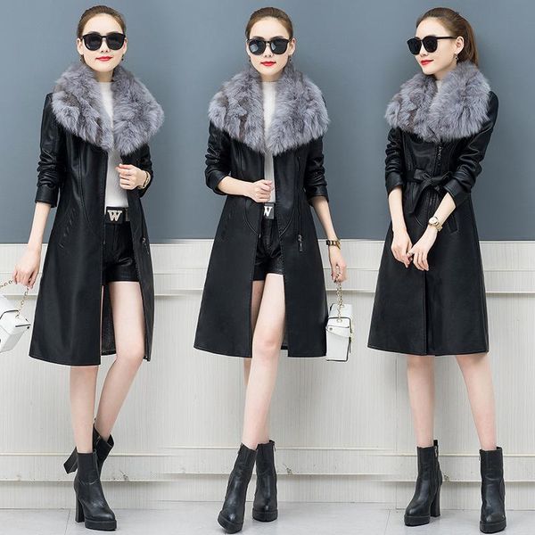 

women's leather & faux big fur collar autumn winter pu women jacket plus velvet thick mid-length coat outerwear, Black