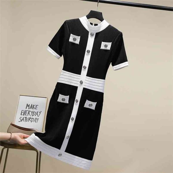 

women summer single breasted high waist hit color knit dresses fashion short sleeve button package hip sweater dress ropa mujer 210514, Black;gray