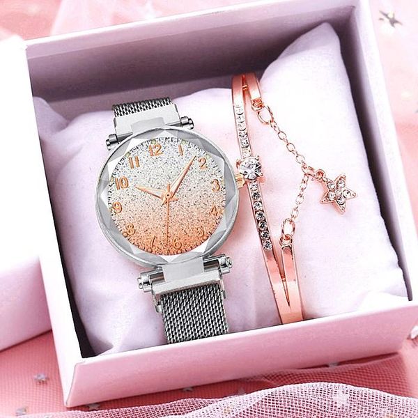 

wristwatches women magnet buckle gradient arabic numbers watch luxury ladies silver luminous quartz bracelet watches set, Slivery;brown
