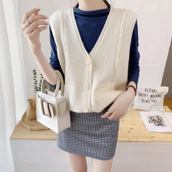 

women's vests single breasted knitted sweater cardigan sleeveless korean loose autumn outwear simple casual cashmere jumpers women 2021, Black;white