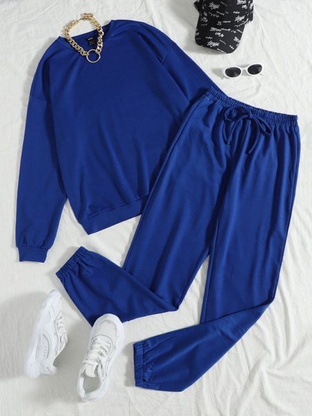 

solid drop shoulder sweatshirt with joggers v4tj#, White