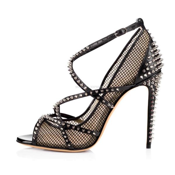 

sandals 2021 peep toe rivet buckle cross strap black fishnet high heels ladies stiletto nude party office