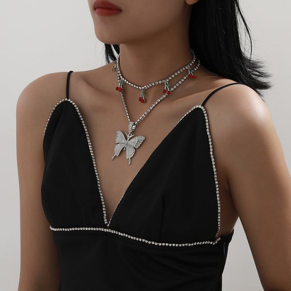 

trendy multilayer golden chain cherry tassel pendant crystal rhinestone butterfly choker necklace for women girl party gift, Silver