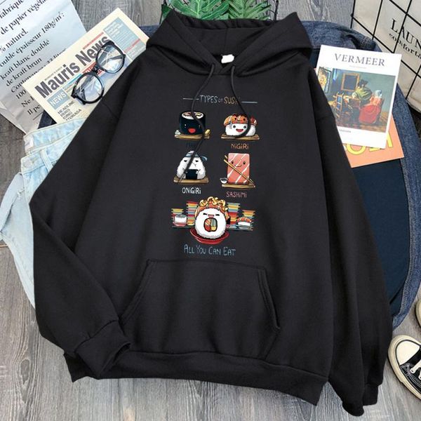 

men's hoodies & sweatshirts cartoon cute sushi print man long sleeve pocket loose hooded clothing comfortable vintage hoody anime punk, Black