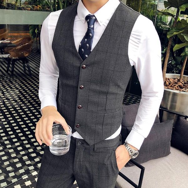 

suit vest men fashion wedding dress plaid formal business attire slim wed waistcoat korean sleeveless gilet men's vests, Black;white