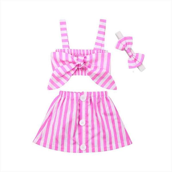 

summer kid toddler baby girl stripes crop vest skirt pink outfit party cute set clothes, White
