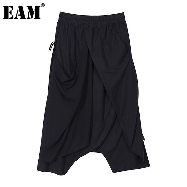 

[eam] women high elastic waist irregular chiffon trousers loose fit pants women fashion spring autumn 1dd6082 210512, Black;white