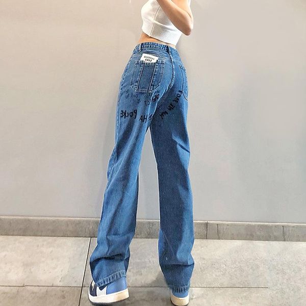 

women's jeans 2021 summer solid color loose high waist fashion letter straight women, Blue