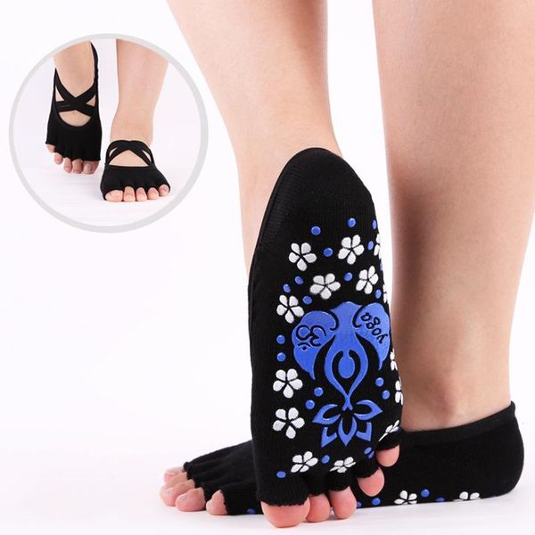 

sports socks 3 pairs women yoga cotton open toe straps rubber non skid fitness pilates five finger grip slippers, Black