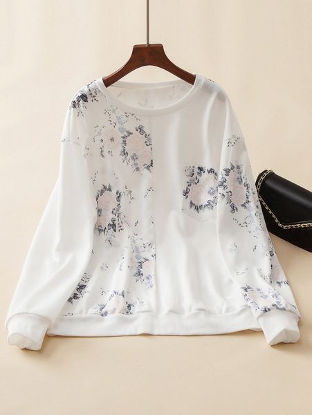 

plus floral print pocket patched drop shoulder sweatshirt c8j6#, Black