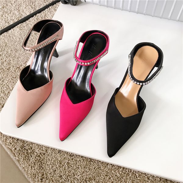 

2021 women pumps thin high heels slides mules slippers shoes for woman luxury rhinestone female party slippers fashion pumps, Black