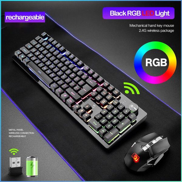 

keyboard mouse combos 2.4g wireless recharge set waterproof mechanical feeling led backlit 2400dpi mice for game keypad punk