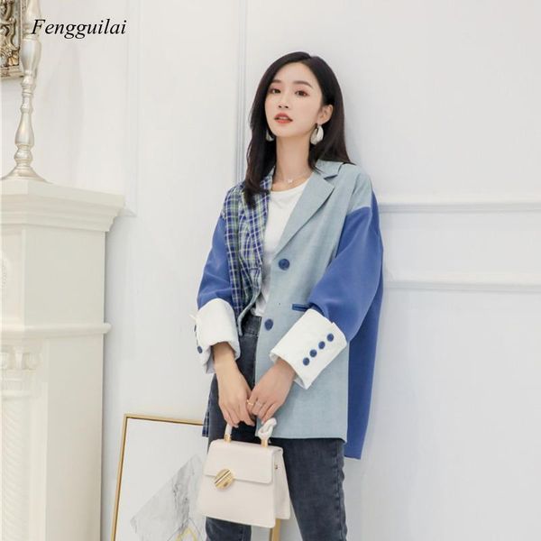 

irregular stitching suit female autumn lapel long sleeve single button casual jacket women's suits & blazers, White;black