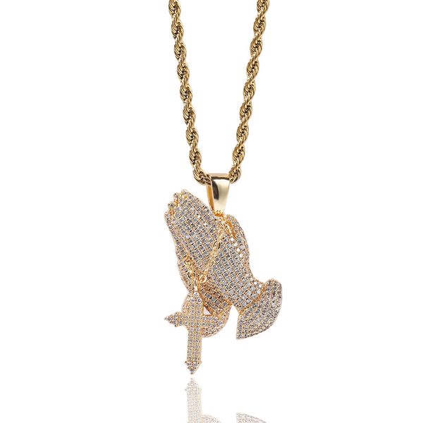 

iced out pendant praying hands necklace mens gold necklaces hip hop jewelry, Silver