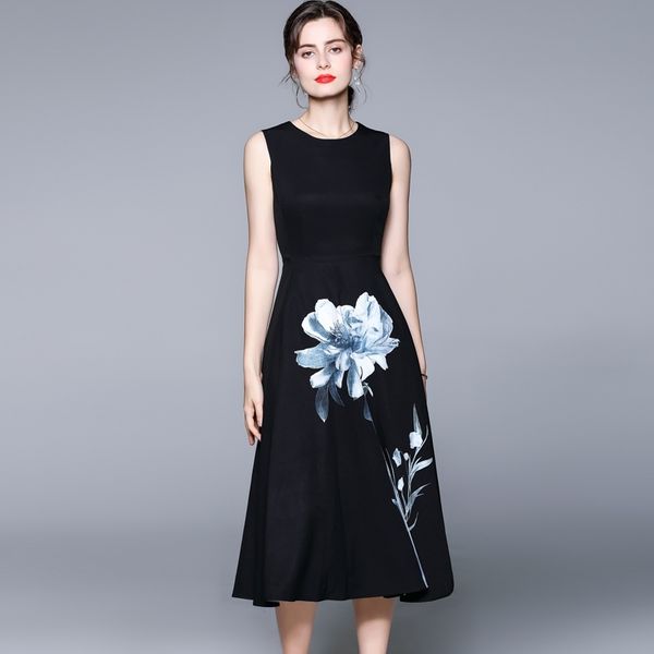 

banulin designer runway summer dress women o-neck fashion sleeveless high waist floral print black elegant midi 210603, Black;gray