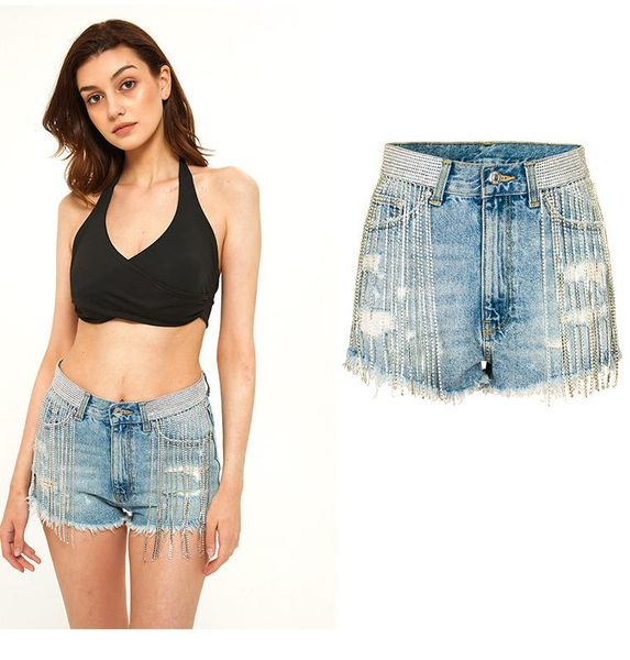

women's jeans tassels summer shorts wide legs pants beading chain denim women high waist woman pantalones ajustados tsl130, Blue