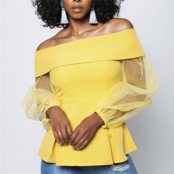 

women's knits & tees women blouses shirts patchwork see through sleeves peplum off shoulder yellow autumn spring fashion, White