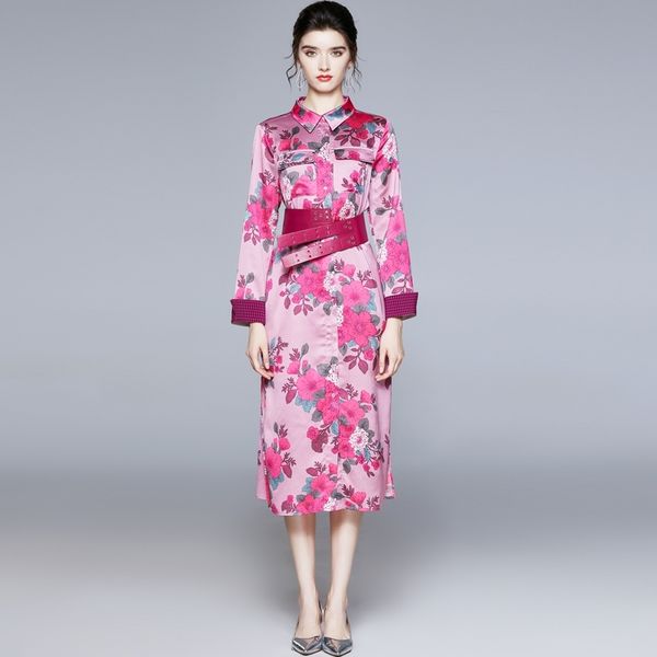 

banulin spring autumn floral shirt dress woman long sleeve elegant belt pockets flowers print christmas bodycon 210603, Black;gray